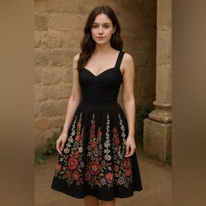 Catherine Stewart MIDI Skirt SZ 12 Black Corduroy Floral Hem Y2K Whimsigoth